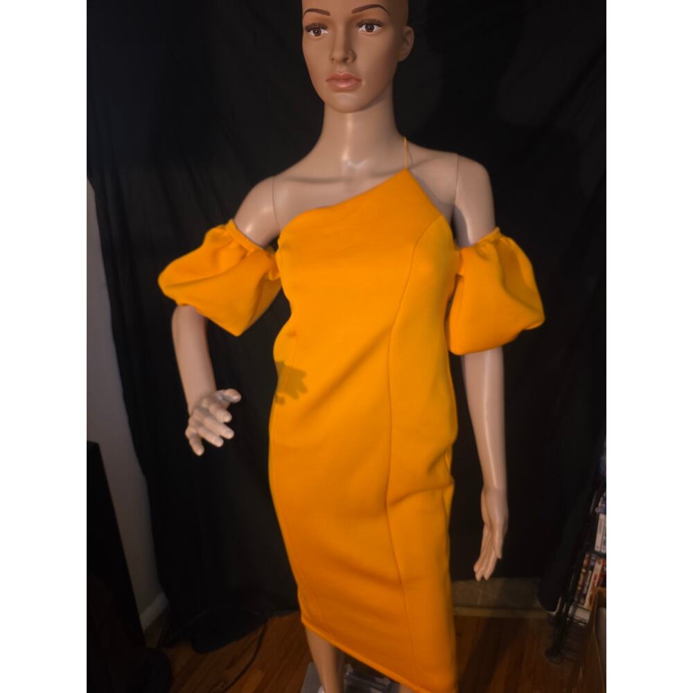 ASOS Women’s Mustard Yellow Off Shoulder Bodycon Dress Puff Sleeve SIZE 8